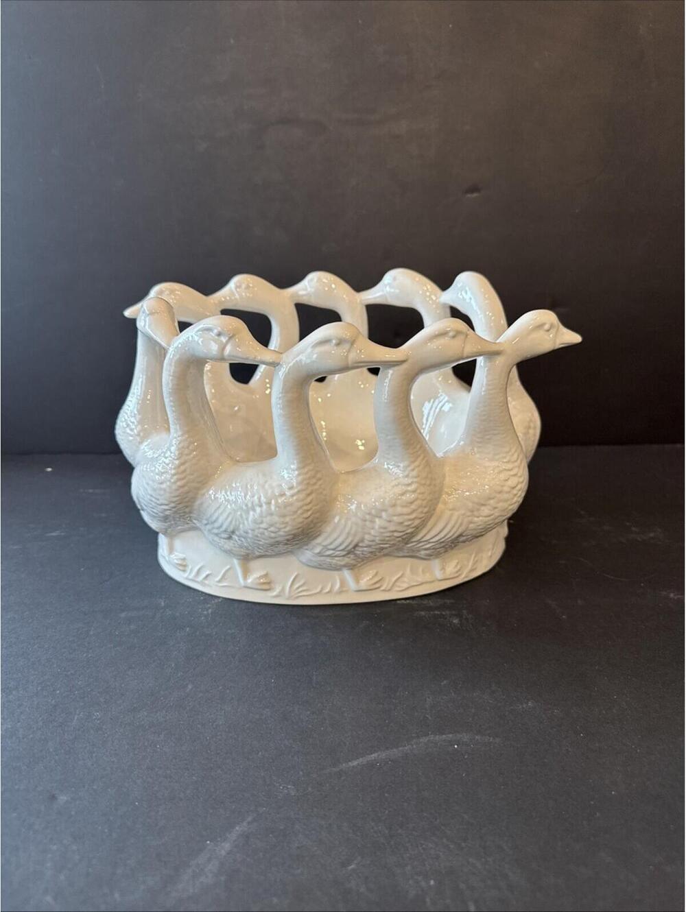 Vintage Art Pottery Bowl / Planter White Porcelain 10” Geese Ducks Swan Gorg
